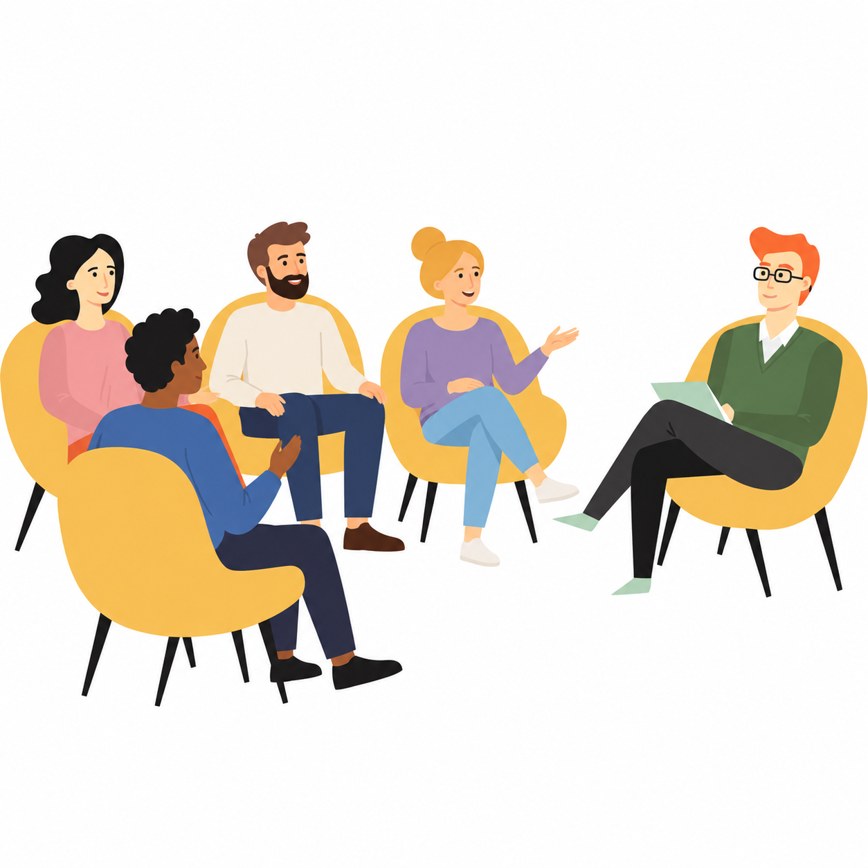 Illustration einer Gruppentherapie: Mehrere Frauen und Männer sitzen in gelben Sesseln im Halbkreis vor einem Therapeuten, der rechts mit Notizblock zuhört.